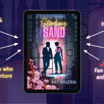 The image features an ipad with the cover of the book on it, surrounded by arrows and text pointing to the ipad. The cover of the book features a man and a woman against a background of a futuristic cityscape with buildings miles tall. The man is standing on a balcony, leaning toward the woman. The woman is standing on a flying hoverboard, slightly leaning into the man. There is a cherry blossom branch coming up from the bottom left corner of the screen to frame the image. The arrows pointing toward the book say: Handsom, rich and obsessive hero. He falls first. Strong man who loves to nurture. On the other side, the words say: Hustling heroine. Emotional Scars. Fun with cyborg enhancements (followed by five chili peppers, indicating erotic content).
