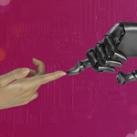 A human hand and a cyborg hand are reaching toward each-other, the fingertips of the pointer fingers touching. It’s a recreation of the fingertip touch of Michelangelo’s “Creation of Man” painting.